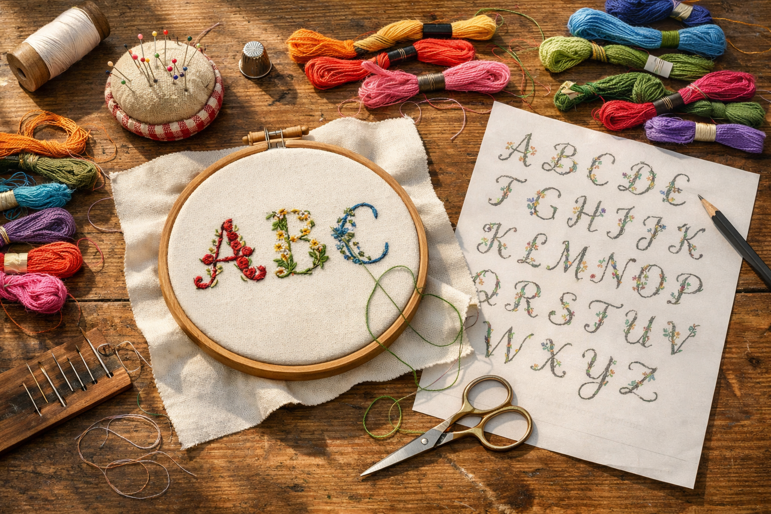 Nakış malzemeleri ve iplikler masanın üzerinde