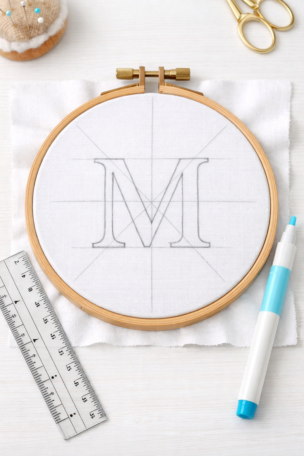 Kasnak içinde kumaş üzerine harf yerleşimi ve kılavuz çizgiler