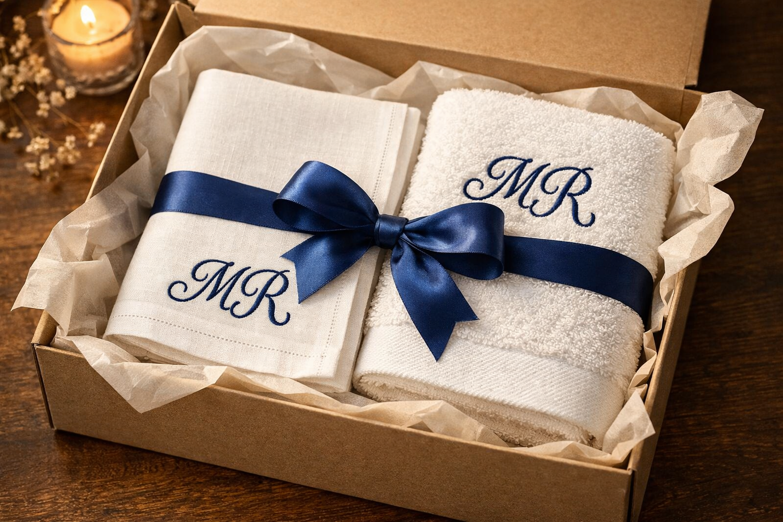 Monogram işlenmiş mendil ve havlu hediye paketi